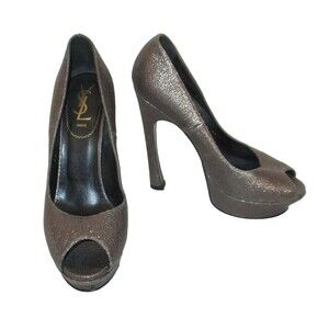 YSL Yves Saint Laurent Pumps Heels Metallic Bronze Leather 39 Women Peep-toe